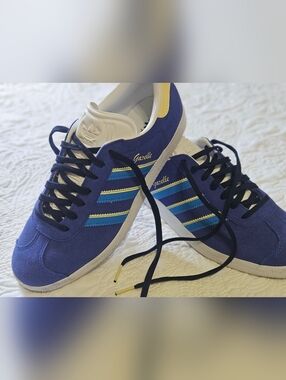 adidas Gazelle Womens Navy Suede Sneakers with Blue and Yellow Stripes